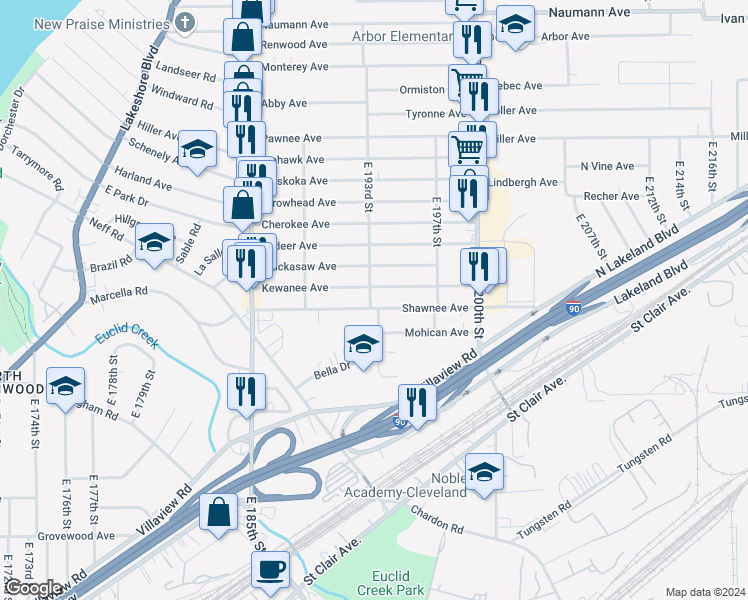 map of restaurants, bars, coffee shops, grocery stores, and more near 19300 Shawnee Avenue in Cleveland
