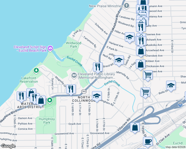 map of restaurants, bars, coffee shops, grocery stores, and more near 17622 Wildwood Lane in Cleveland