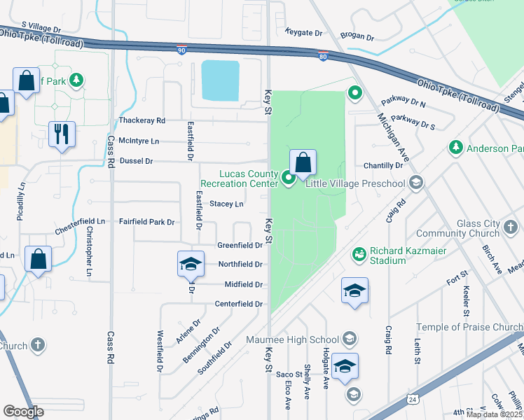 map of restaurants, bars, coffee shops, grocery stores, and more near 1421 Key Street in Maumee