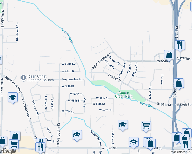 map of restaurants, bars, coffee shops, grocery stores, and more near 6053 Appomattox Road in Davenport