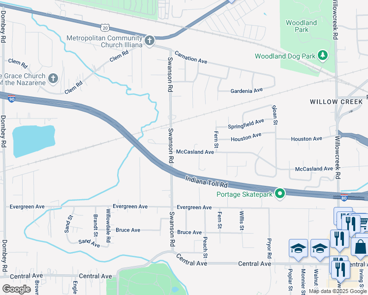 map of restaurants, bars, coffee shops, grocery stores, and more near 5663 McCasland Avenue in Portage