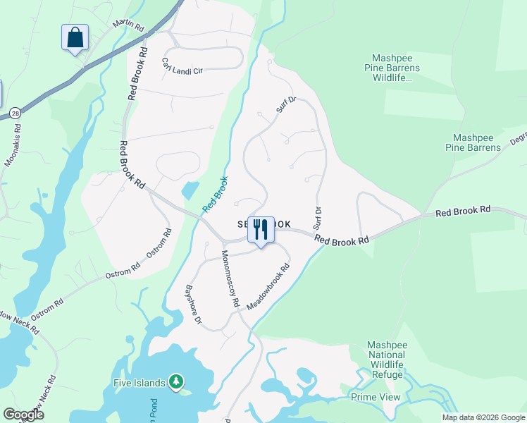 map of restaurants, bars, coffee shops, grocery stores, and more near in Mashpee