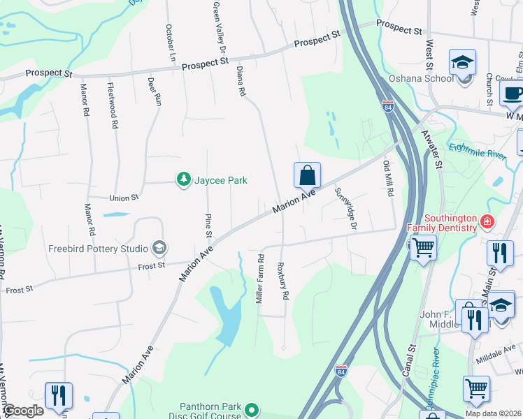 map of restaurants, bars, coffee shops, grocery stores, and more near 333 Marion Avenue in Southington