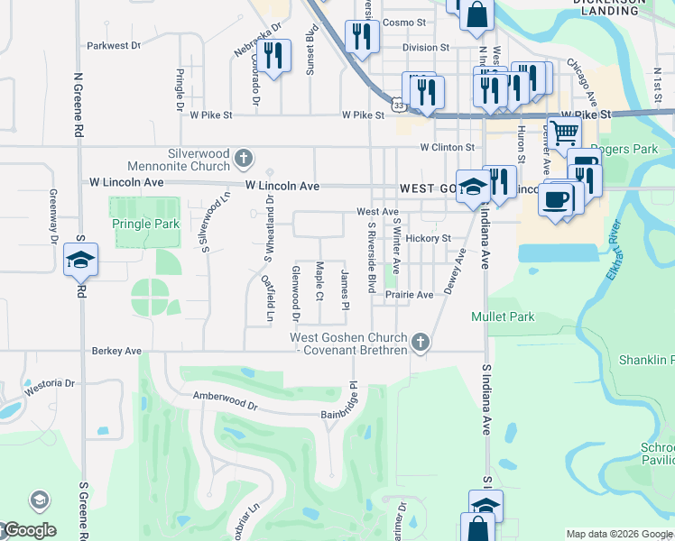 map of restaurants, bars, coffee shops, grocery stores, and more near 408 Maple Court in Goshen