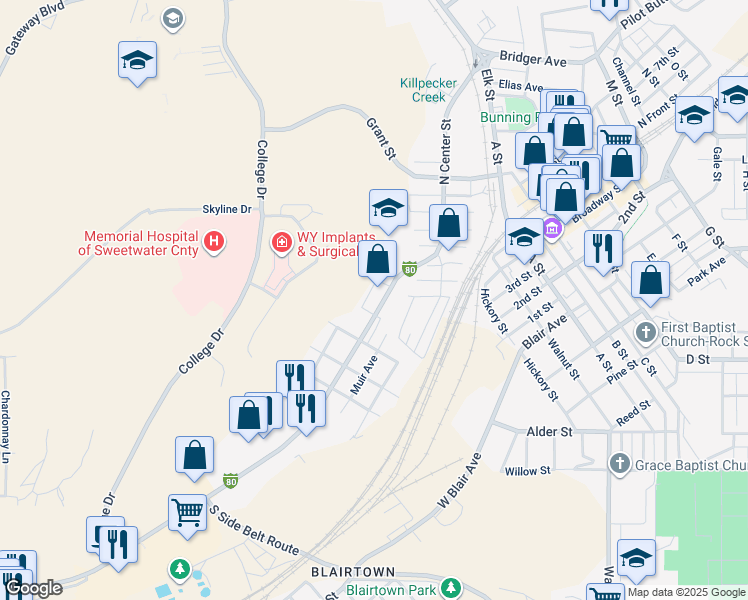 map of restaurants, bars, coffee shops, grocery stores, and more near 702 Interstate 80 Business Loop in Rock Springs