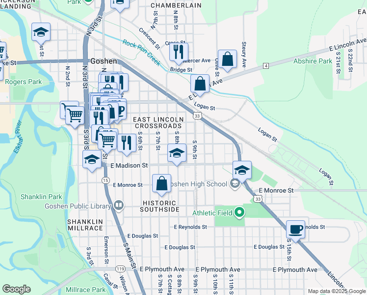 map of restaurants, bars, coffee shops, grocery stores, and more near 313 South 9th Street in Goshen