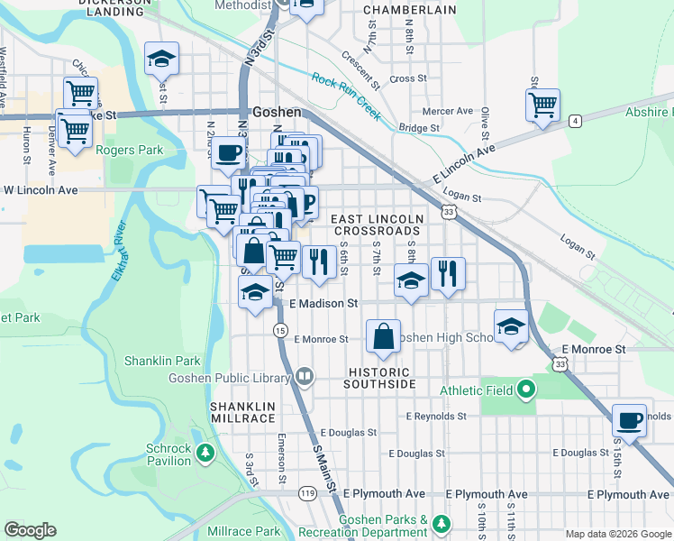 map of restaurants, bars, coffee shops, grocery stores, and more near 313 South 6th Street in Goshen