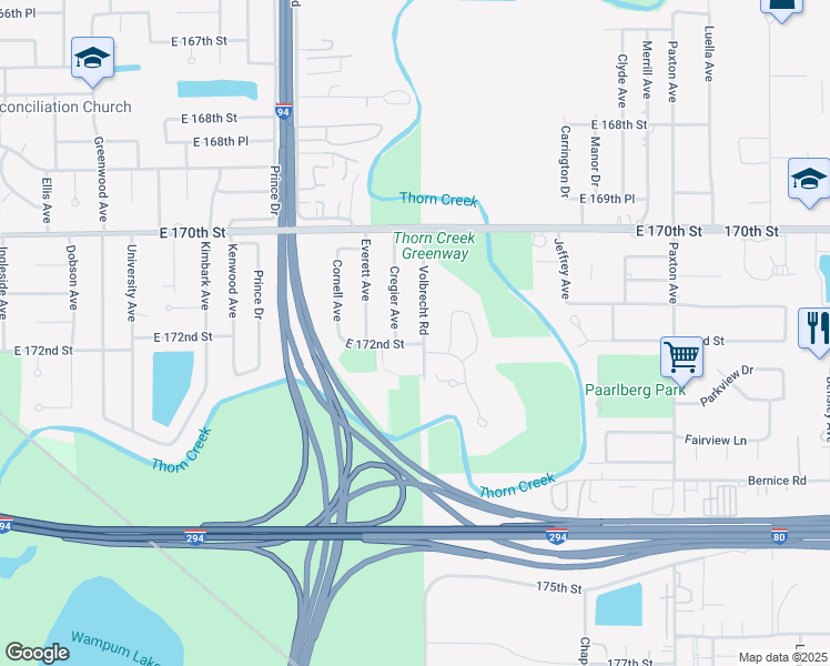 map of restaurants, bars, coffee shops, grocery stores, and more near 1549 East 172nd Street in South Holland