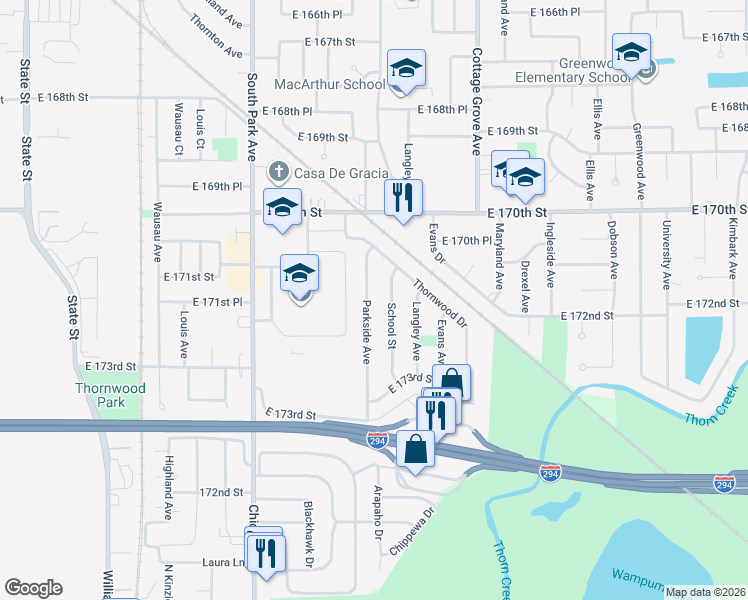 map of restaurants, bars, coffee shops, grocery stores, and more near 17154 School Street in South Holland