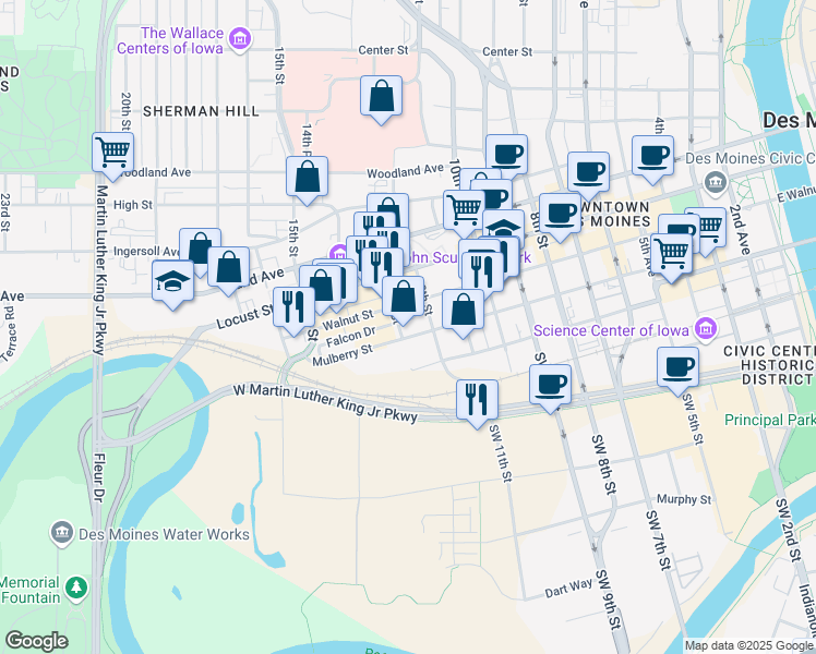 map of restaurants, bars, coffee shops, grocery stores, and more near 1216 Mulberry Street in Des Moines