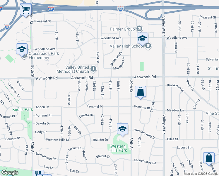 map of restaurants, bars, coffee shops, grocery stores, and more near 3901 Woodland Avenue in Des Moines