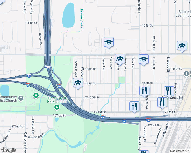 map of restaurants, bars, coffee shops, grocery stores, and more near 16842 Anthony Avenue in Hazel Crest