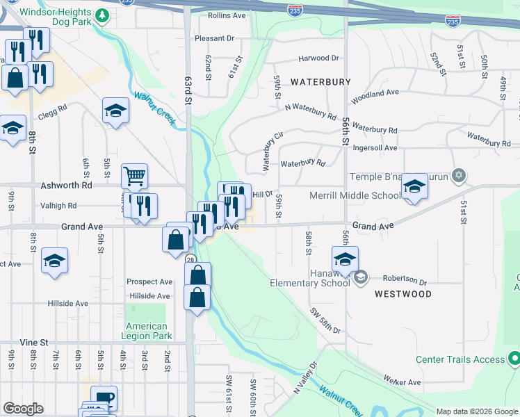 map of restaurants, bars, coffee shops, grocery stores, and more near 410 60th Street in Des Moines