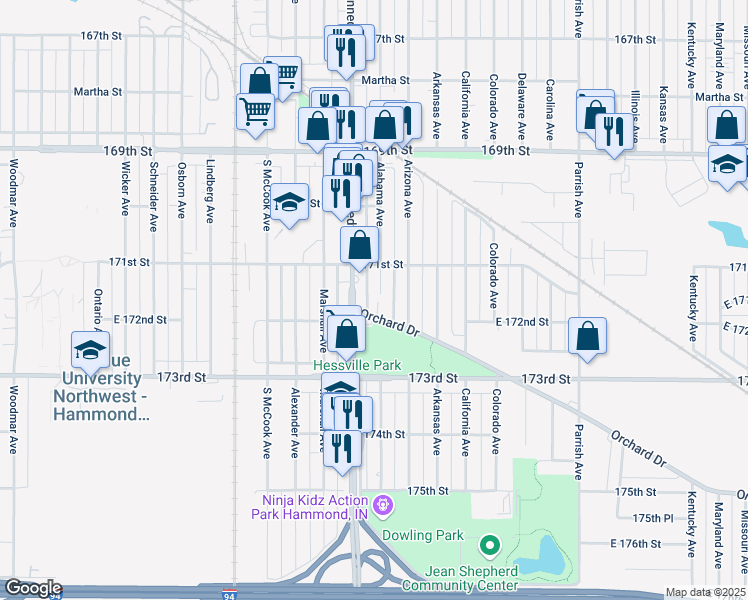 map of restaurants, bars, coffee shops, grocery stores, and more near 7132 Alabama Avenue in Hammond
