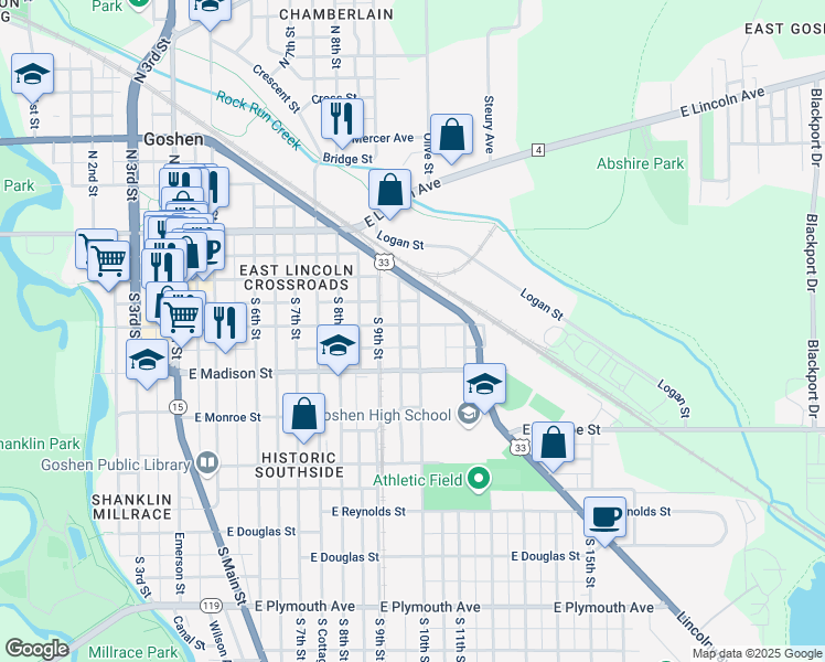 map of restaurants, bars, coffee shops, grocery stores, and more near 301 South 10th Street in Goshen