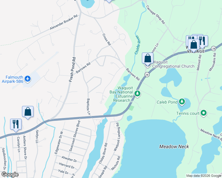 map of restaurants, bars, coffee shops, grocery stores, and more near 62 Rivers Edge Road in Falmouth