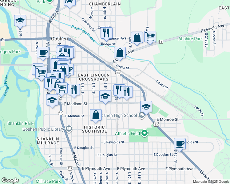 map of restaurants, bars, coffee shops, grocery stores, and more near 520 East Jefferson Street in Goshen