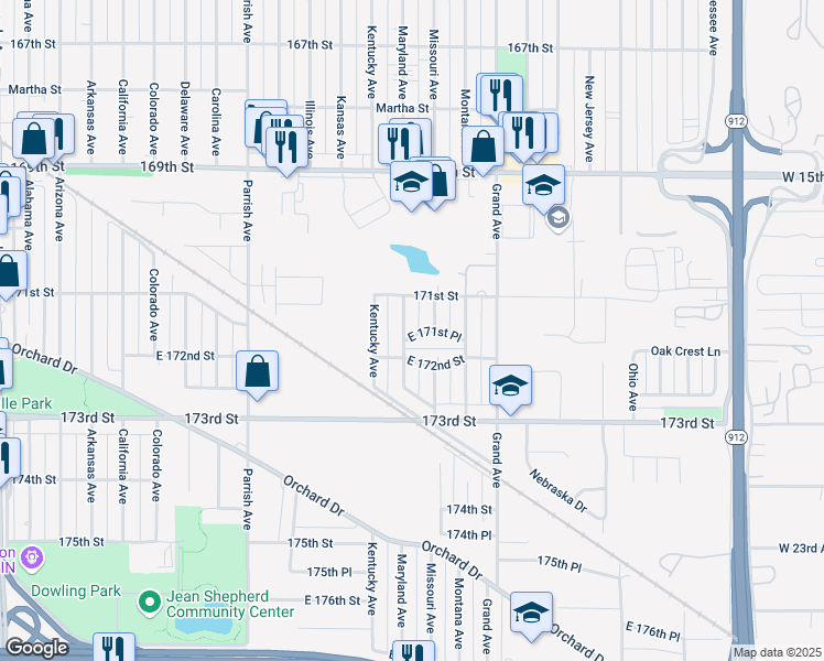 map of restaurants, bars, coffee shops, grocery stores, and more near 3435 172nd Street in Hammond