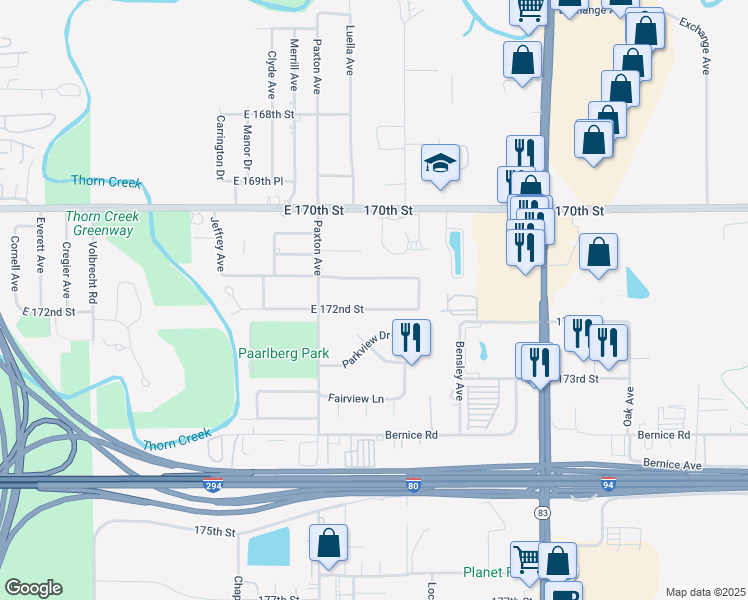 map of restaurants, bars, coffee shops, grocery stores, and more near 2117 East 172nd Street in South Holland