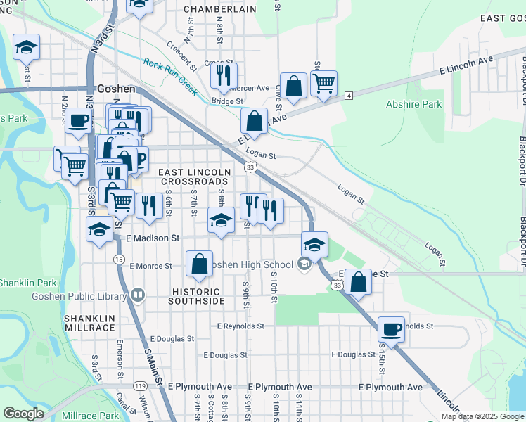 map of restaurants, bars, coffee shops, grocery stores, and more near 620 East Jefferson Street in Goshen