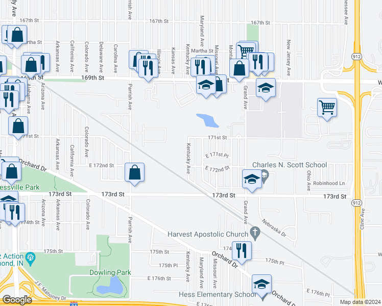 map of restaurants, bars, coffee shops, grocery stores, and more near 7129 Kentucky Avenue in Hammond