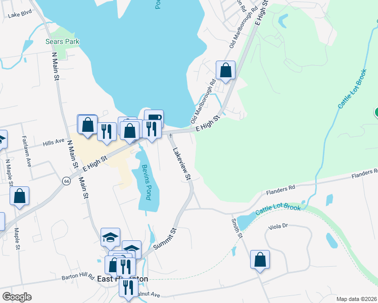 map of restaurants, bars, coffee shops, grocery stores, and more near 20 Lakeview Street in East Hampton