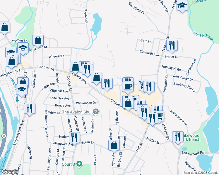 map of restaurants, bars, coffee shops, grocery stores, and more near 396 Chase Avenue in Waterbury