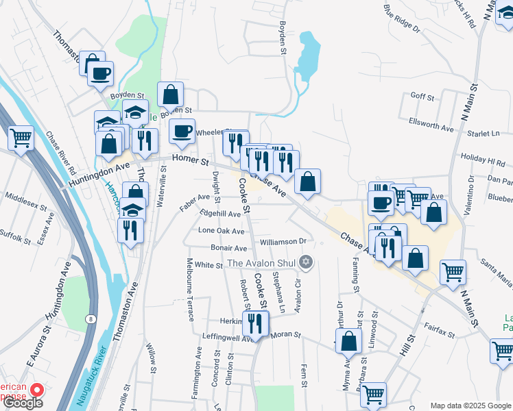 map of restaurants, bars, coffee shops, grocery stores, and more near 3 Crystal Terrace in Waterbury