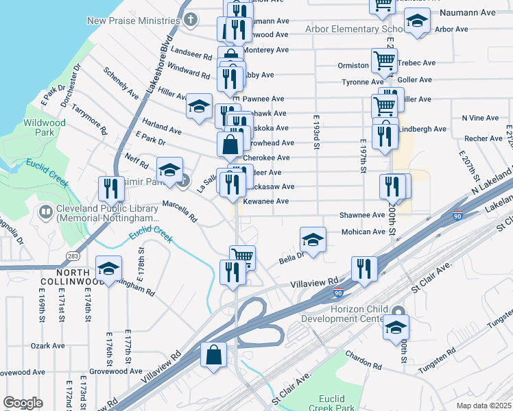 map of restaurants, bars, coffee shops, grocery stores, and more near 911 East 185th Street in Cleveland