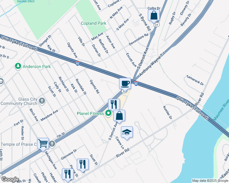 map of restaurants, bars, coffee shops, grocery stores, and more near 2630 7th Street in Maumee