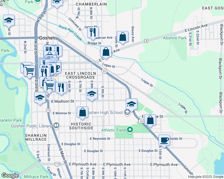 map of restaurants, bars, coffee shops, grocery stores, and more near 313 South 10th Street in Goshen