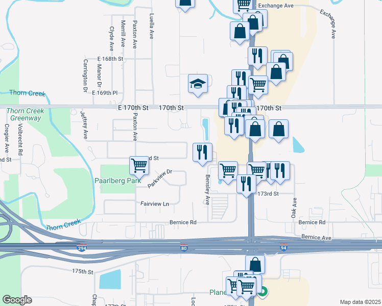 map of restaurants, bars, coffee shops, grocery stores, and more near 2153 East 172nd Street in South Holland