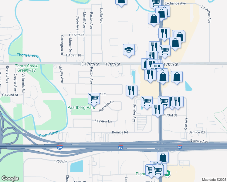 map of restaurants, bars, coffee shops, grocery stores, and more near 2117 East 172nd Street in South Holland