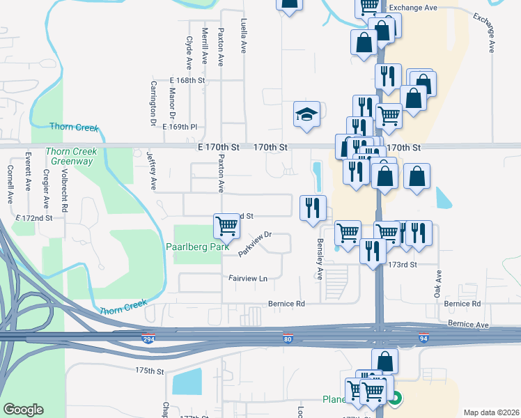 map of restaurants, bars, coffee shops, grocery stores, and more near 2117 East 172nd Street in South Holland