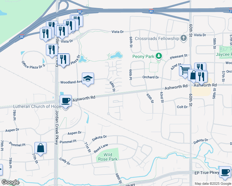 map of restaurants, bars, coffee shops, grocery stores, and more near 950 67th Street in West Des Moines