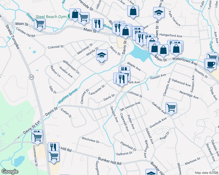 map of restaurants, bars, coffee shops, grocery stores, and more near 177 Colonial Street in Watertown