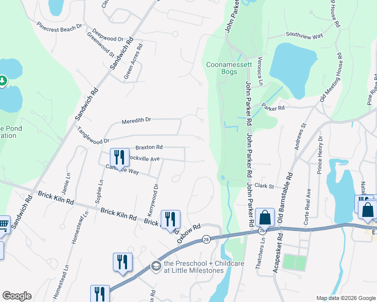 map of restaurants, bars, coffee shops, grocery stores, and more near 100 Rockville Avenue in Falmouth