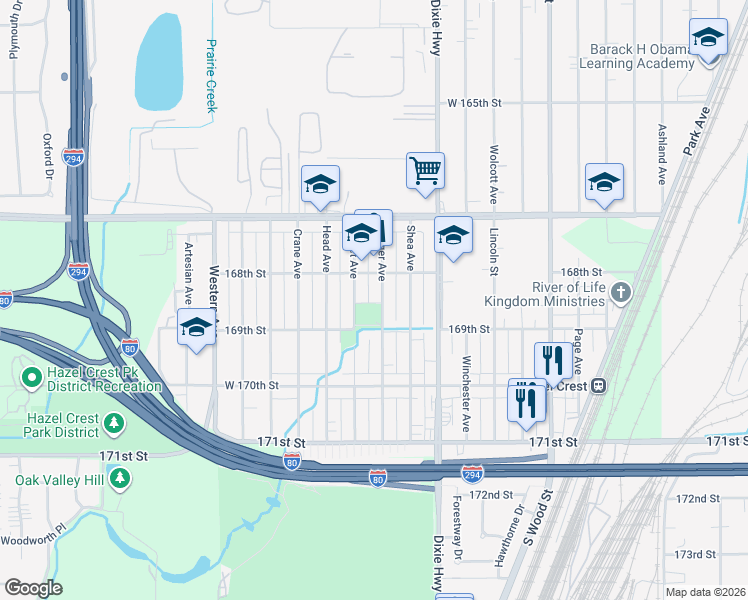 map of restaurants, bars, coffee shops, grocery stores, and more near 16829 Trapet Avenue in Hazel Crest