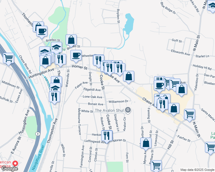 map of restaurants, bars, coffee shops, grocery stores, and more near 3 Crystal Terrace in Waterbury