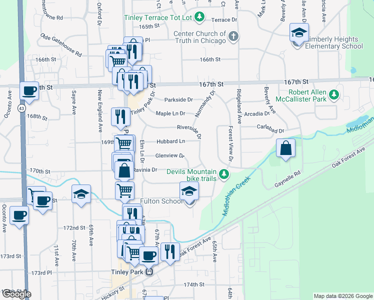 map of restaurants, bars, coffee shops, grocery stores, and more near 6549 Glenview Drive in Tinley Park