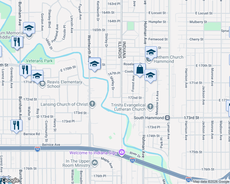 map of restaurants, bars, coffee shops, grocery stores, and more near 1698 Shirley Drive in Calumet City