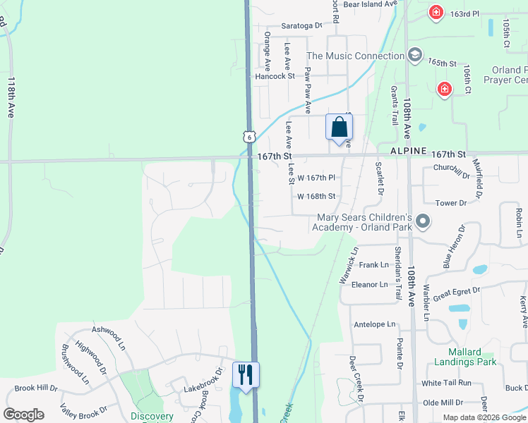 map of restaurants, bars, coffee shops, grocery stores, and more near 16845 Wolf Road in Orland Park