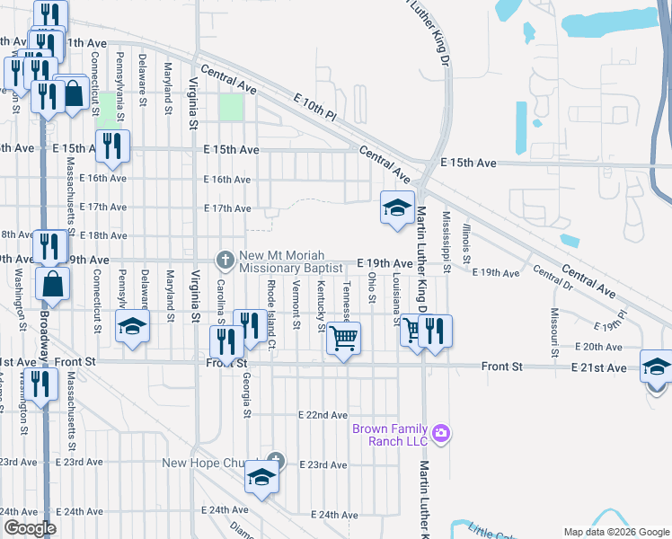 map of restaurants, bars, coffee shops, grocery stores, and more near 1942 Tennessee Street in Gary