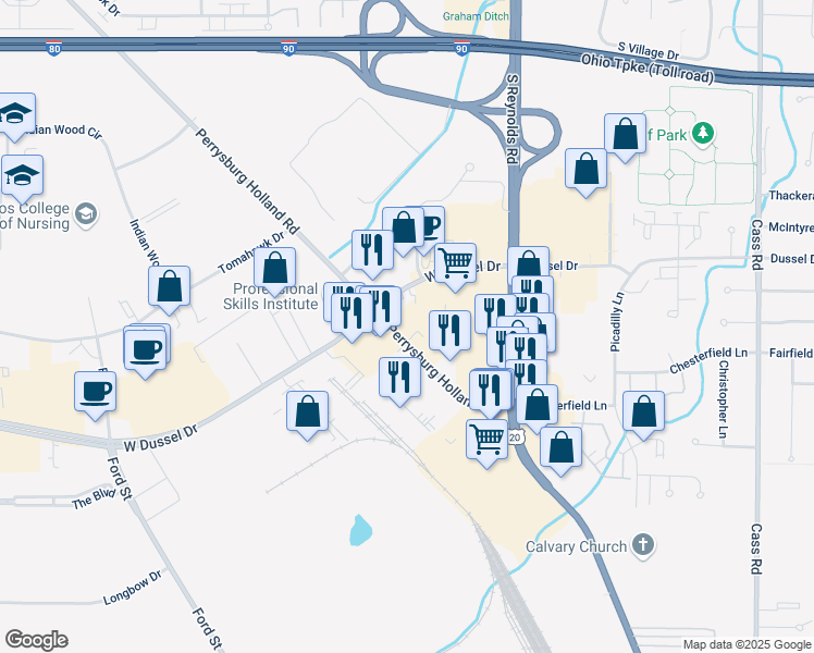 map of restaurants, bars, coffee shops, grocery stores, and more near 1490 Holland Road in Maumee