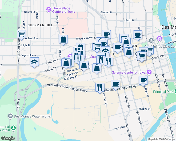 map of restaurants, bars, coffee shops, grocery stores, and more near 121 12th Street in Des Moines