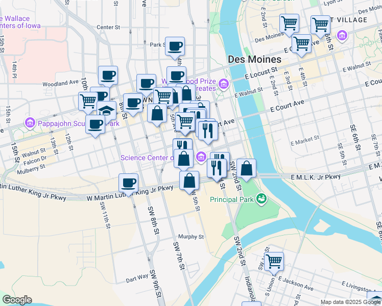 map of restaurants, bars, coffee shops, grocery stores, and more near 401 Market Street in Des Moines