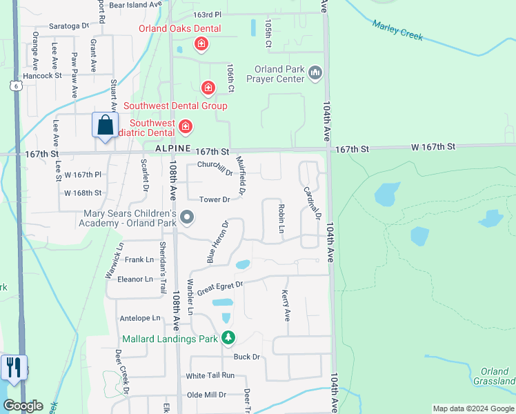 map of restaurants, bars, coffee shops, grocery stores, and more near 16820 Highbush Road in Orland Park