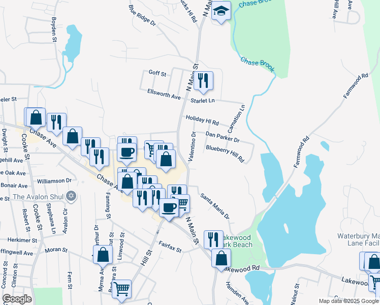 map of restaurants, bars, coffee shops, grocery stores, and more near in Waterbury