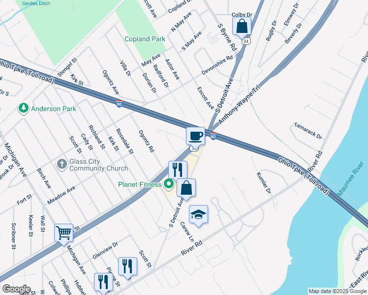 map of restaurants, bars, coffee shops, grocery stores, and more near 2630 7th Street in Maumee