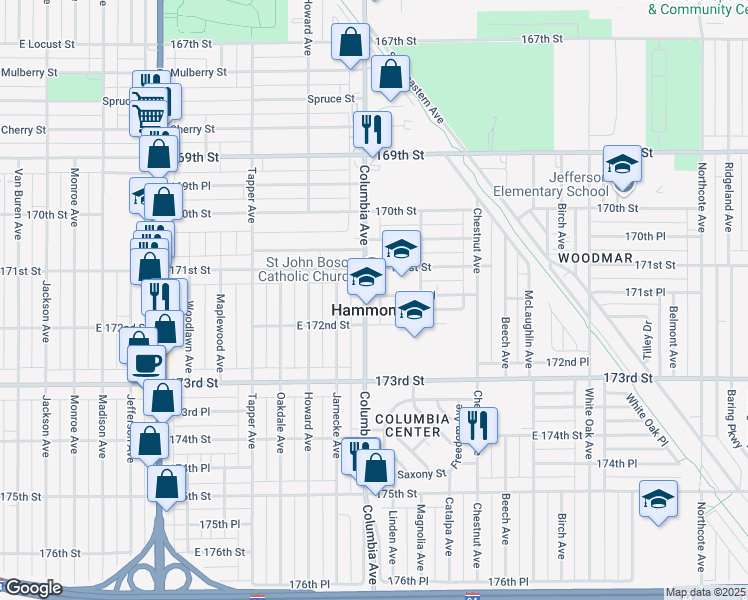 map of restaurants, bars, coffee shops, grocery stores, and more near in Hammond